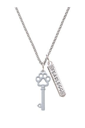 Silvertone Open Paw Key Silvertone Fearless Bar Charm Necklace, 23"