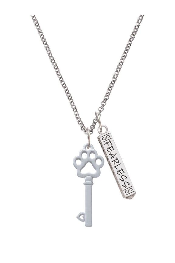 Silvertone Open Paw Key Silvertone Fearless Bar Charm Necklace, 23"