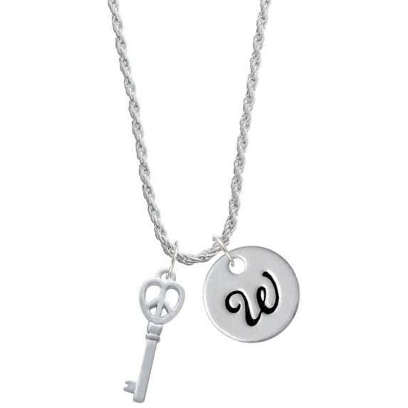 Delight Jewelry Silvertone Open Peace Heart Key Silvertone Script Initial Disc - W - Charm Necklace, 20"+3"
