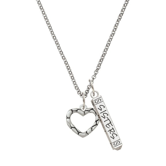 Delight Jewelry Silvertone Open Pebble Heart Silvertone Sisters Best Friends Forever Bar Charm Necklace, 23"