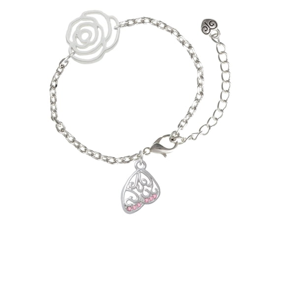 Delight Jewelry Silvertone Open Pink Crystal Butterfly Wing Silver-tone Flower Link Chain Bracelet, 6.75"+2" Extender