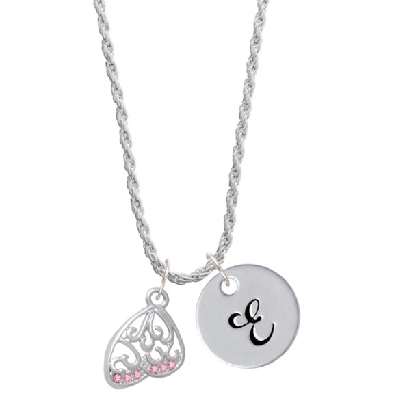 Delight Jewelry Silvertone Open Pink Crystal Butterfly Wing Silvertone Script Initial Disc - E - Charm Necklace, 20"+3"