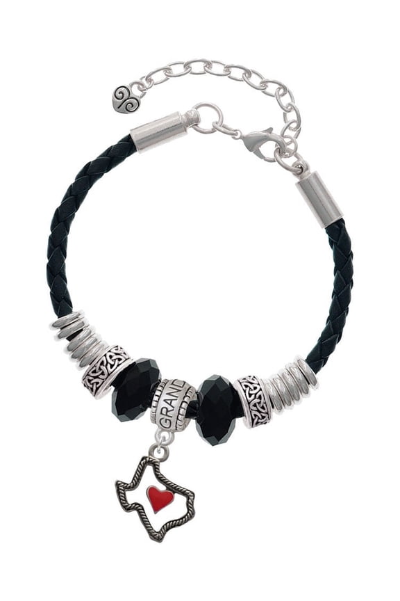 Silvertone Open Rope Texas with Red Heart Granddaughter Celtic Knot Leather Bead Bracelet, 7"+2" Extender