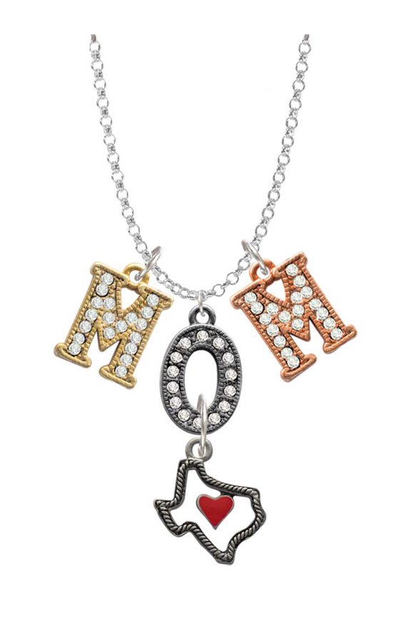 Silvertone Open Rope Texas with Red Heart Multi-Colored Crystal Mom Charm Necklace