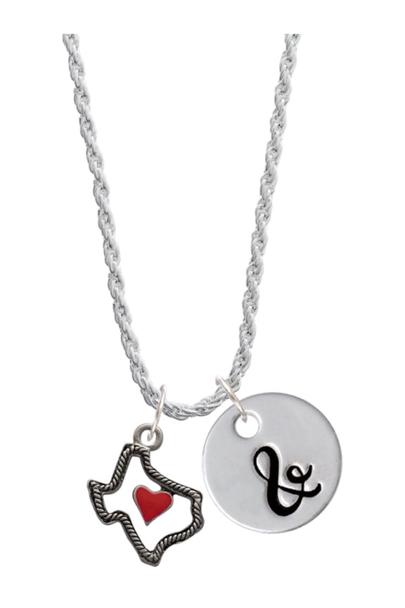 Silvertone Open Rope Texas with Red Heart Silvertone Script Initial Disc - & - Charm Necklace, 20"+3"