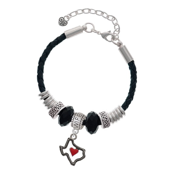 Delight Jewelry Silvertone Open Rope Texas with Red Heart Wife Celtic Knot Leather Bead Bracelet, 7"+2" Extender