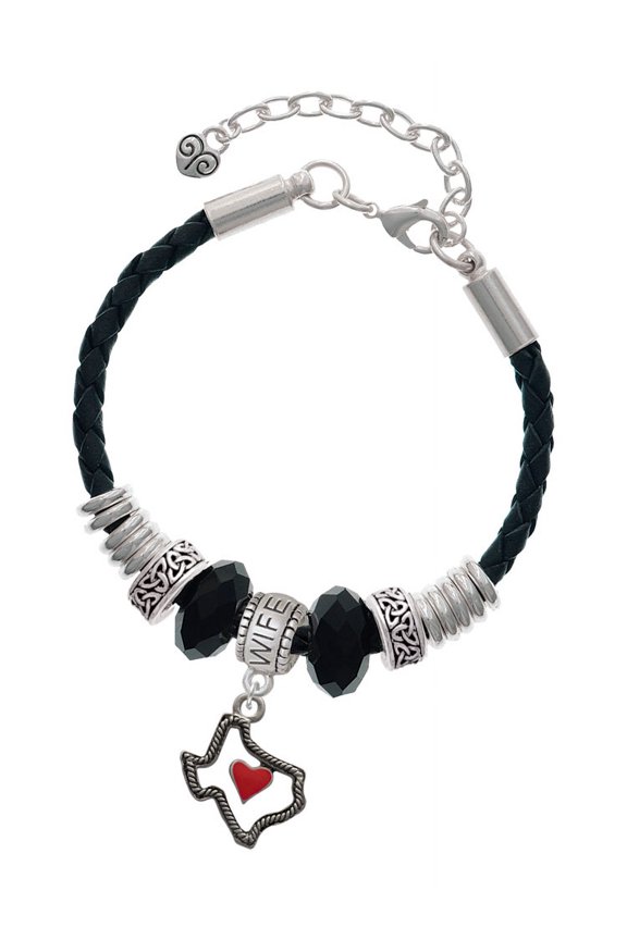 Silvertone Open Rope Texas with Red Heart Wife Celtic Knot Leather Bead Bracelet, 7"+2" Extender