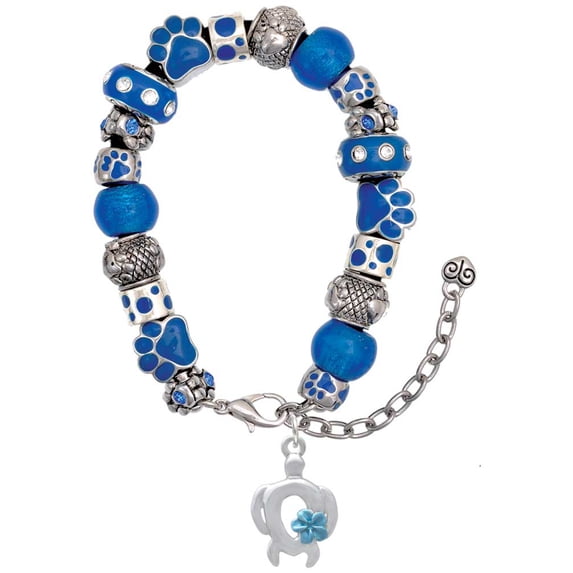 Delight Jewelry Silvertone Open Sea Turtle with Blue Plumeria Blue Paw Print Bead Bracelet, 7"+2"