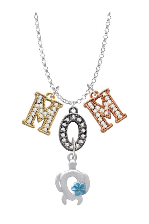 Silvertone Open Sea Turtle with Blue Plumeria Multi-Colored Crystal Mom Charm Necklace