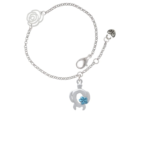Delight Jewelry Silvertone Open Sea Turtle with Blue Plumeria Silver-tone Rose Link Chain Bracelet, 6.25"+1.75" Extender
