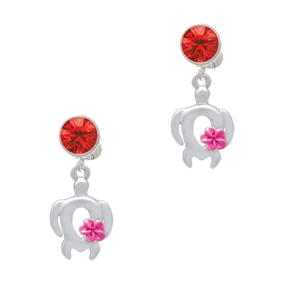 Delight Jewelry Silvertone Open Sea Turtle with Hot Pink Plumeria Red Crystal Clip on Earrings