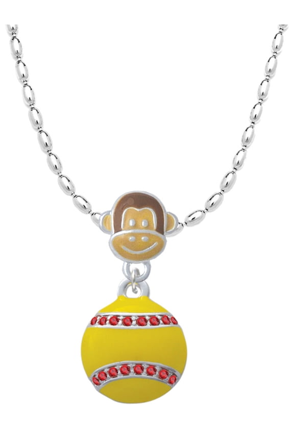 Silvertone Optic Yellow Softball with Red Crystal Stitching Mia Monkey Charm Necklace