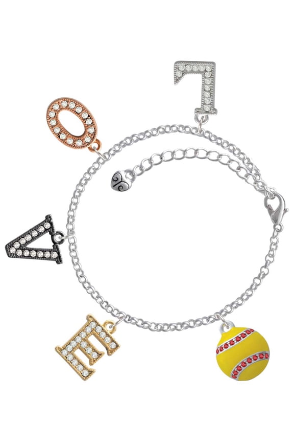 Silvertone Optic Yellow Softball with Red Crystal Stitching Multi-Colored Crystal Love Charm Bracelet