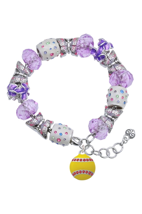 Silvertone Optic Yellow Softball with Red Crystal Stitching Purple Butterfly Bead Charm Bracelet, 7"+1" Extender