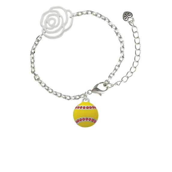 Delight Jewelry Silvertone Optic Yellow Softball with Red Crystal Stitching Silver-tone Flower Link Chain Bracelet, 6.75"+2" Extender