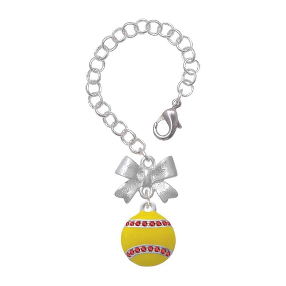 Delight Jewelry Silvertone Optic Yellow Softball with Red Crystal Stitching - Silvertone Bow Charm Accessory for Tumblers and Thermal Cups