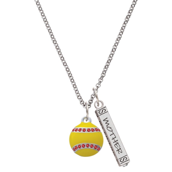 Delight Jewelry Silvertone Optic Yellow Softball with Red Crystal Stitching Silvertone Mother Daughter Bar Charm Necklace, 23"