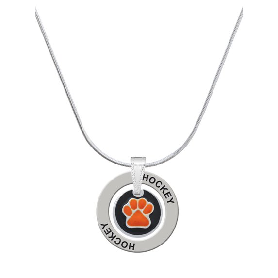Delight Jewelry Silvertone Orange Paw on Black Disc Hockey Ring Charm Necklace, 18"