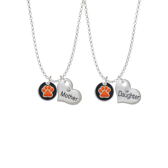 Delight Jewelry Silvertone Orange Paw on Black Disc Mother & Daughter Heart Necklaces (Set of 2), 19"+2"
