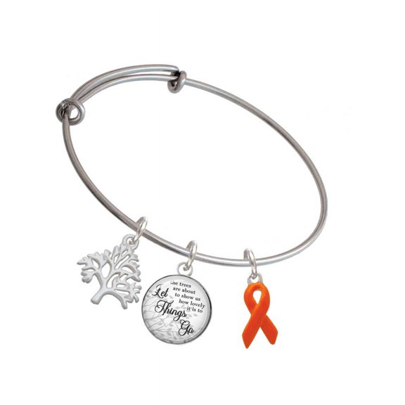 Delight Jewelry Silvertone Orange Ribbon Silvertone Let Things Go Tree Charm Bangle Bracelet
