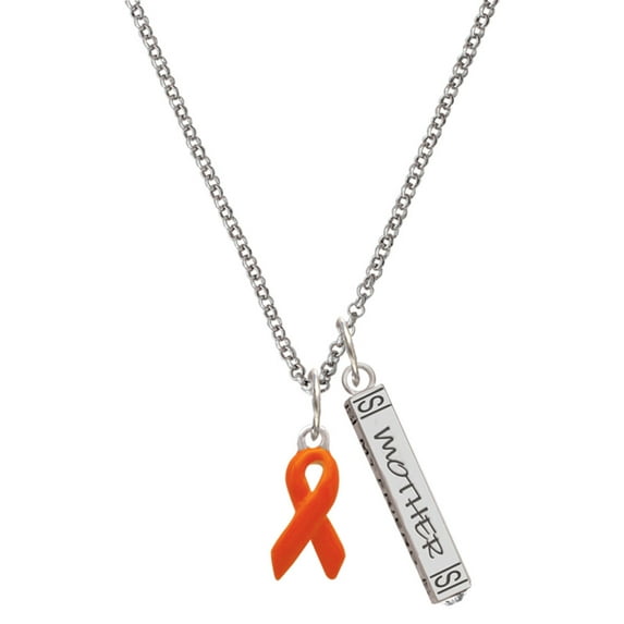 Delight Jewelry Silvertone Orange Ribbon Silvertone Mother Daughter Bar Charm Necklace, 23"