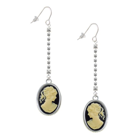 Delight Jewelry Silvertone Oval - Black Cameo - Silver-tone Long Sparkle Dangle French Earrings