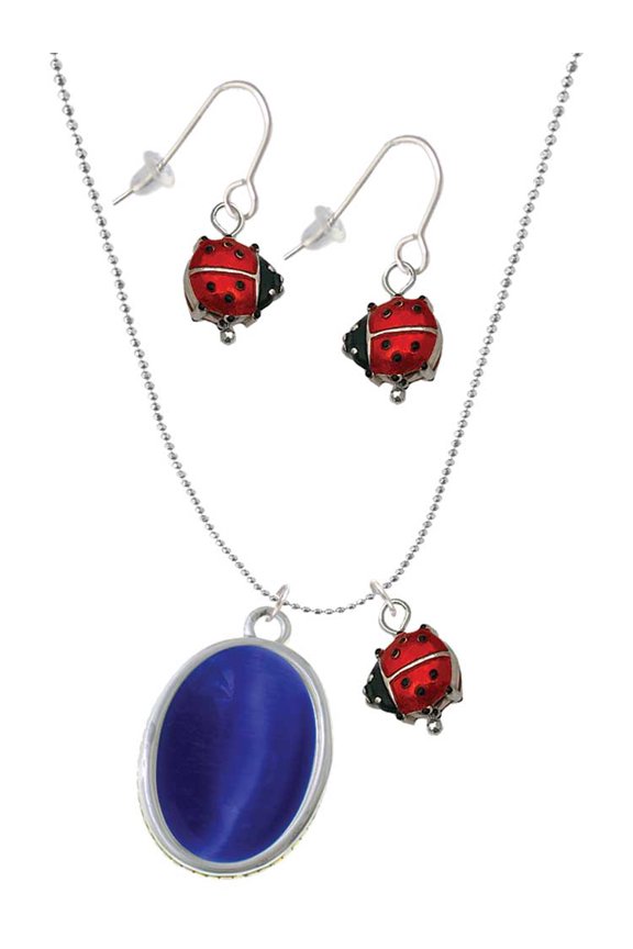 Silvertone Oval - Imitation Cat's Eye - Blue - Red Lucky Ladybug Necklace and Dangle Earrings Set