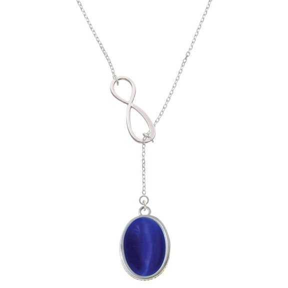 Delight Jewelry Silvertone Oval - Imitation Cat's Eye - Blue - Silver tone Elegant Infinity Lariat Necklace