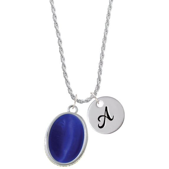 Delight Jewelry Silvertone Oval - Imitation Cat's Eye - Blue - Silvertone Script Initial Disc - A - Charm Necklace, 20"+3"
