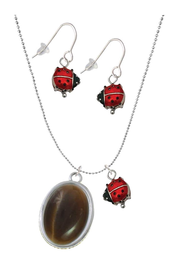 Silvertone Oval - Imitation Cat's Eye - Brown - Red Lucky Ladybug Necklace and Dangle Earrings Set