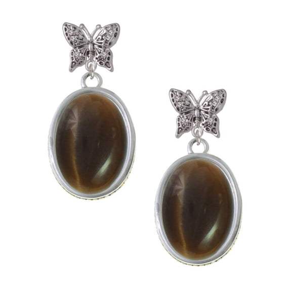 Delight Jewelry Silvertone Oval - Imitation Cat's Eye - Brown - Silvertone Antiqued Butterfly Post Earrings