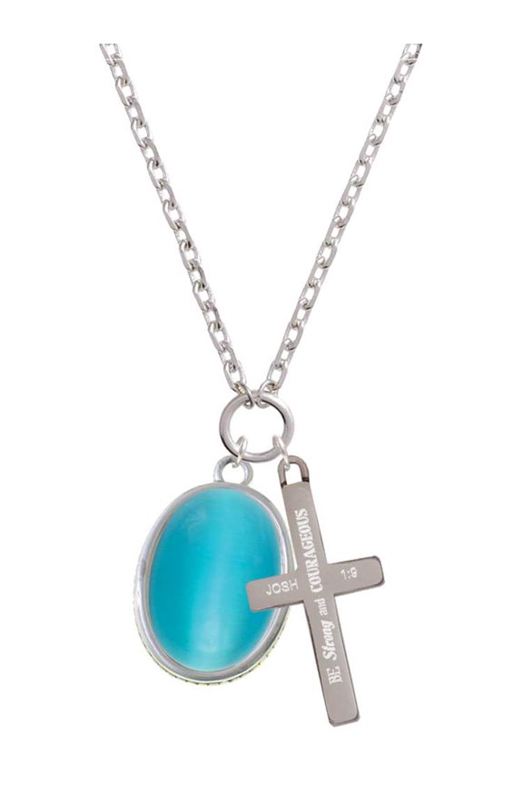 Silvertone Oval - Imitation Cat's Eye - Dark Teal - Be Strong and Courageous Engraved Cross Zoey Necklace, 28"