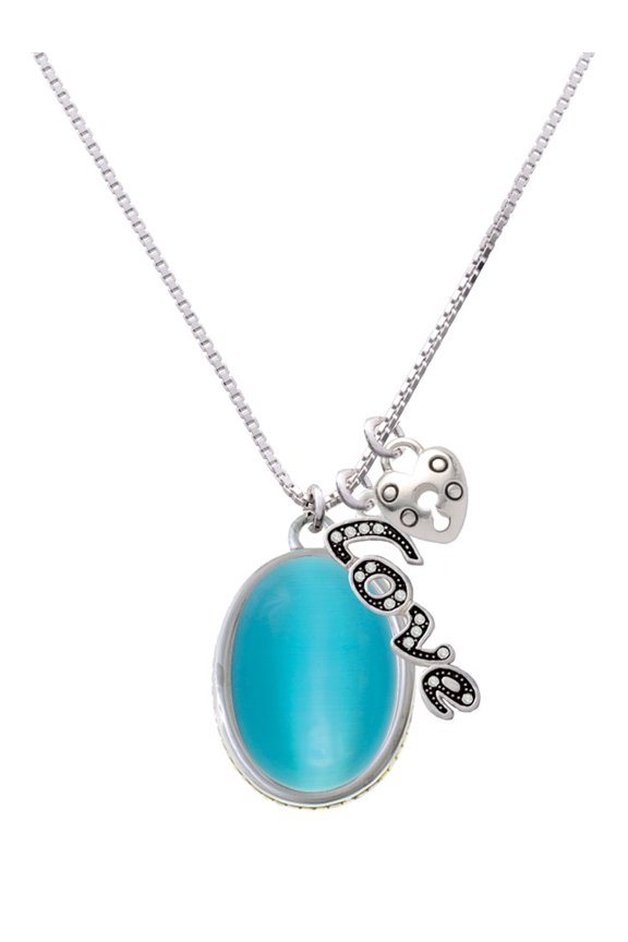 Silvertone Oval - Imitation Cat's Eye - Dark Teal - - Love and Lock Charm Necklace, 18"+1"