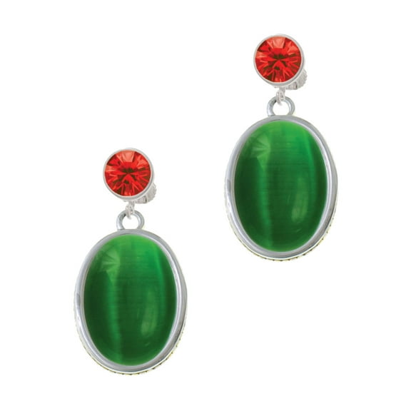 Delight Jewelry Silvertone Oval - Imitation Cat's Eye - Green - Red Crystal Clip on Earrings