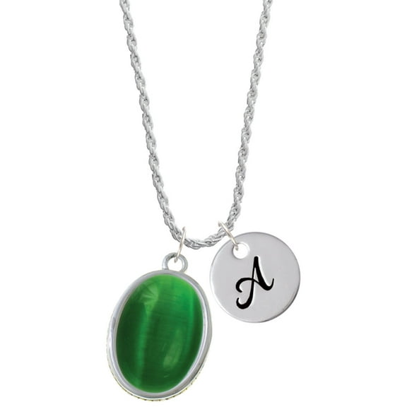 Delight Jewelry Silvertone Oval - Imitation Cat's Eye - Green - Silvertone Script Initial Disc - A - Charm Necklace, 20"+3"