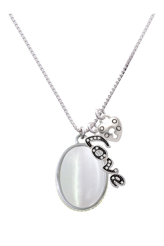Silvertone Oval - Imitation Cat's Eye - White - - Love and Lock Charm Necklace, 18"+1"