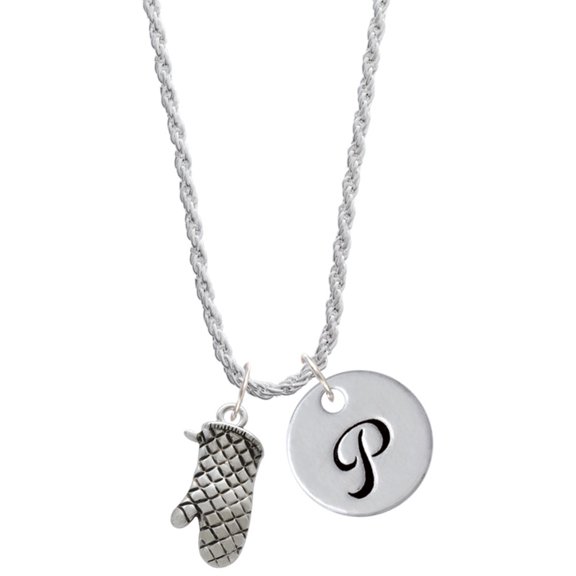 Delight Jewelry Silvertone Oven Mitt Silvertone Script Initial Disc - P - Charm Necklace, 20"+3"