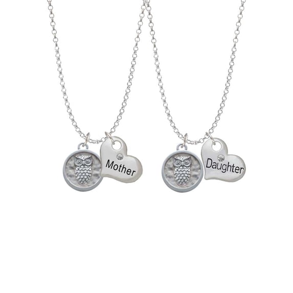 Delight Jewelry Silvertone Owl - Round Seal Mother & Daughter Heart Necklaces (Set of 2), 19"+2"
