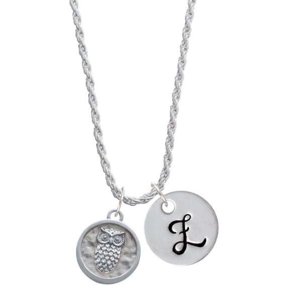 Delight Jewelry Silvertone Owl - Round Seal Silvertone Script Initial Disc - Z - Charm Necklace, 20"+3"