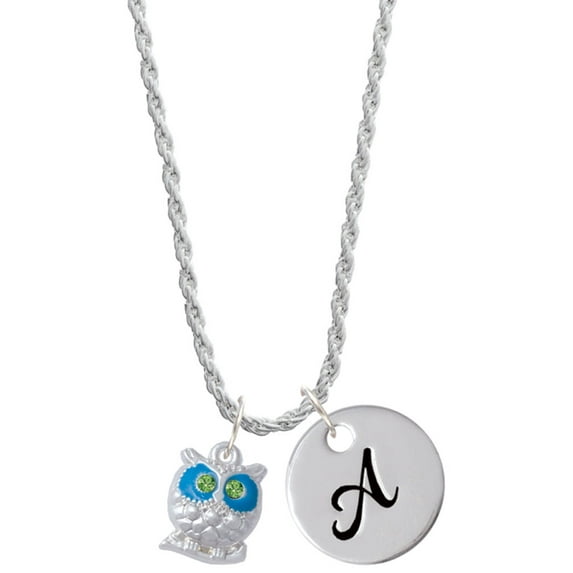Delight Jewelry Silvertone Owl with Hot Blue & Lime Green Crystal Eyes Silvertone Script Initial Disc - A - Charm Necklace, 20"+3"