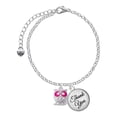 thumbnail image 1 of Delight Jewelry Silvertone Owl with Hot Pink & Clear Crystal Eyes - Domed Thank You Charm Bracelet, 6"+2", 1 of 5