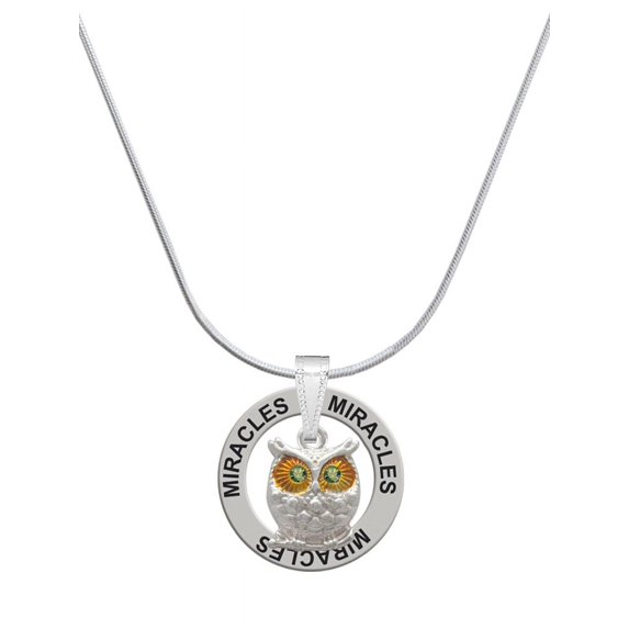 Delight Jewelry Silvertone Owl with Lime Green Crystal Eyes Miracles Ring Charm Necklace, 18"
