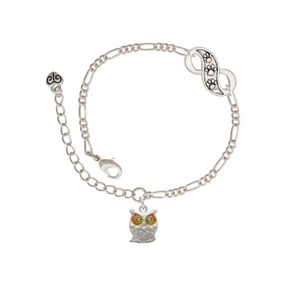Delight Jewelry Silvertone Owl with Lime Green Crystal Eyes Silver-tone Paw Infinity Link Chain Bracelet, 6"+2" Extender