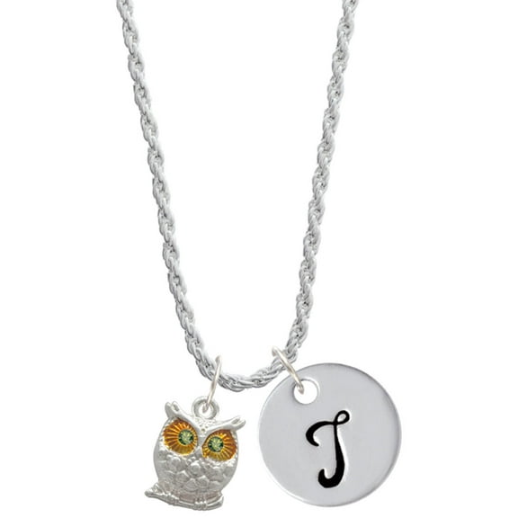 Delight Jewelry Silvertone Owl with Lime Green Crystal Eyes Silvertone Script Initial Disc - T - Charm Necklace, 20"+3"