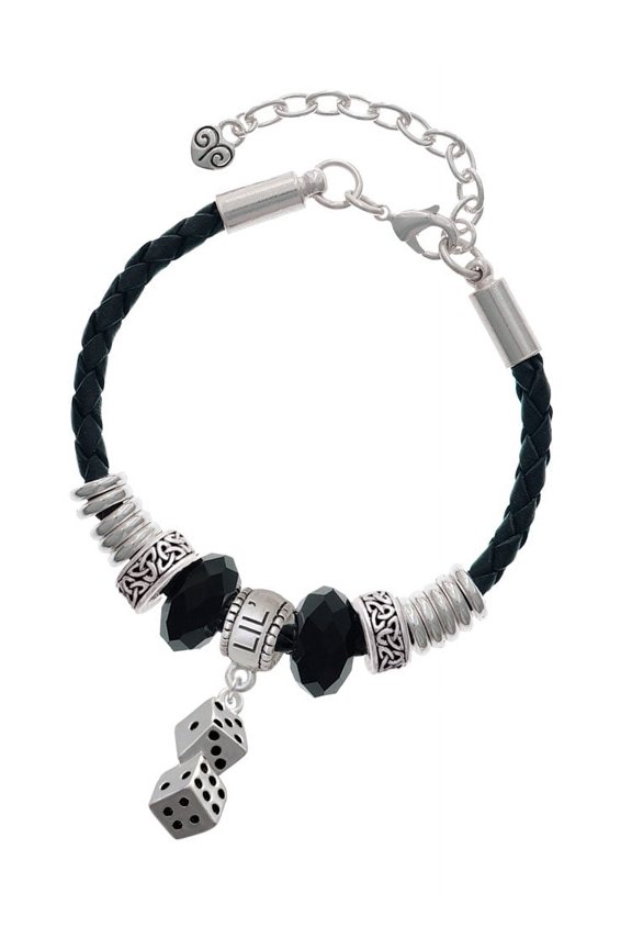 Silvertone Pair of Dice Middle Sister Celtic Knot Leather Bead Bracelet, 7"+2" Extender
