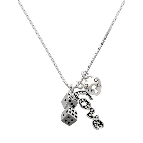 Delight Jewelry Silvertone Pair of Dice - Love and Lock Charm Necklace, 18"+1"