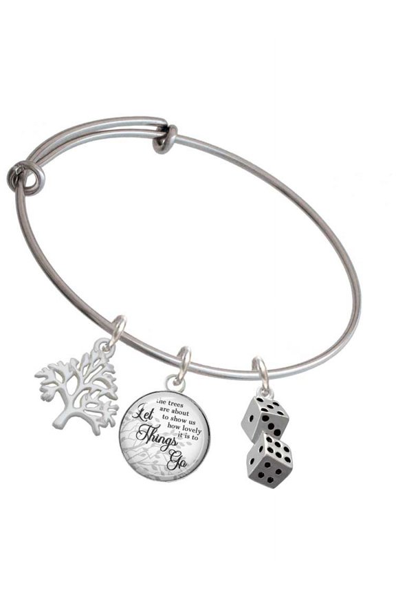 Silvertone Pair of Dice Silvertone Let Things Go Tree Charm Bangle Bracelet