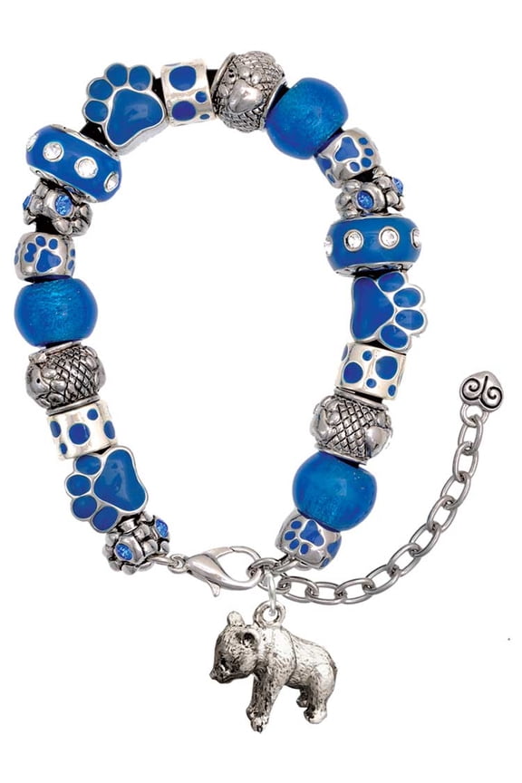 Silvertone Panda Bear Standing Blue Paw Print Bead Bracelet, 7"+2"