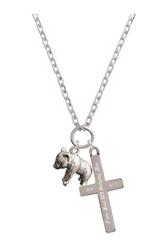 Silvertone Panda Bear Standing Everlasting Love Engraved Cross Zoey Necklace, 28"