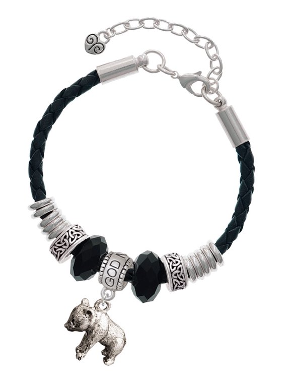 Silvertone Panda Bear Standing Godmother Celtic Knot Leather Bead Bracelet, 7"+2" Extender